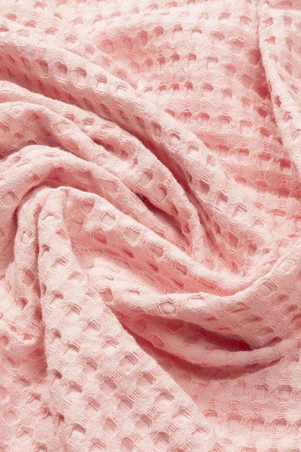 100% Cotton Double Size Waffle Pique Bedspread with Pompoms - Pink