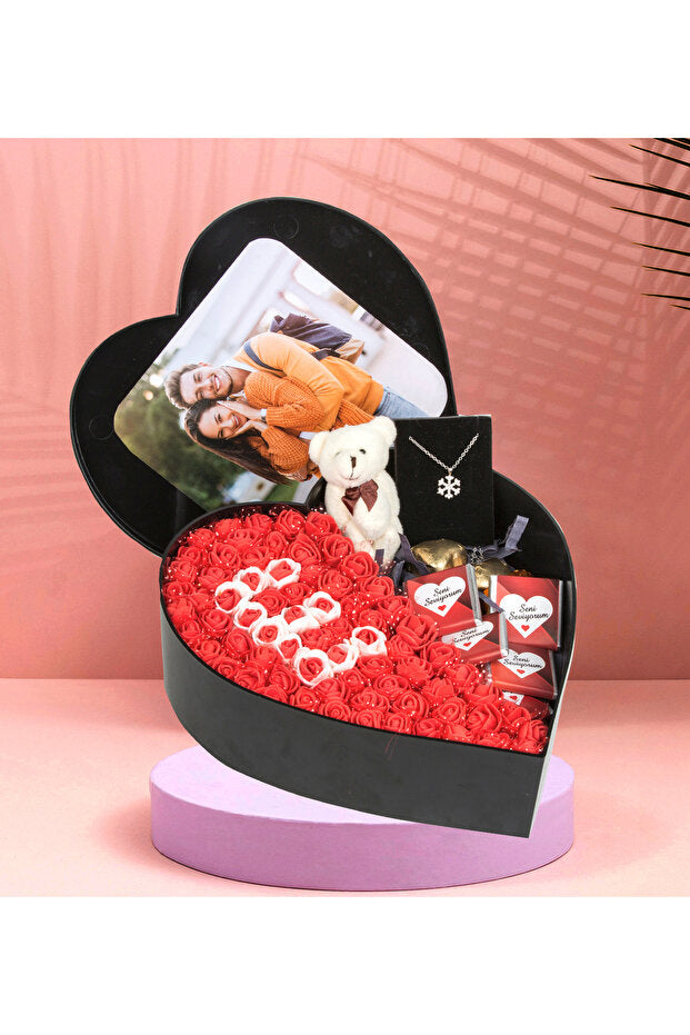 Heart Box Gift Set with Photo, Flowers, Chocolates & Necklace