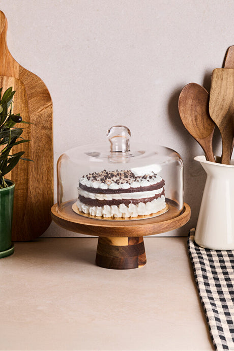 Acacia Wood Cake Stand with Glass Dome - 22 Cm Diameter