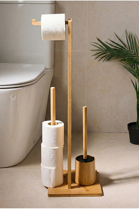 Freestanding Bamboo Toilet Paper Holder & WC Brush Set with Storage