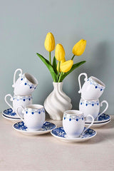 Porcelain Coffee Cup Set - 6 Person, Elegant Blue & Gold Design