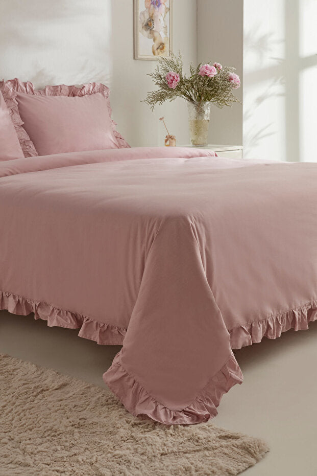 Pure Ruffle 100% Cotton Double Duvet Cover Set - Powder Pink