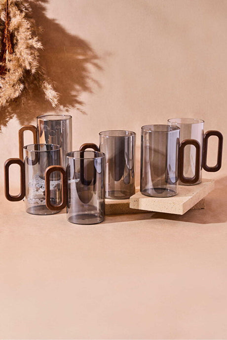 Siena 350ml Smoked Glass Mugs with Acacia Wood Handles - Set of 6