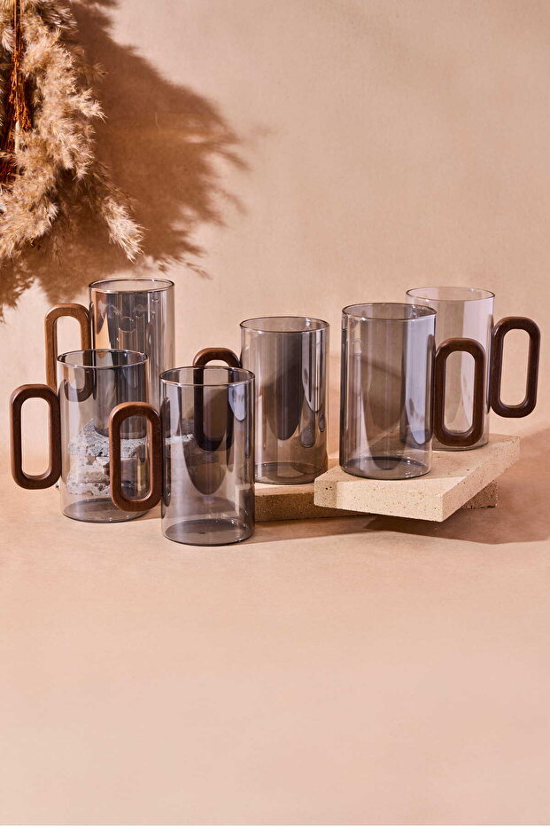 Siena 350ml Smoked Glass Mugs with Acacia Wood Handles - Set of 6