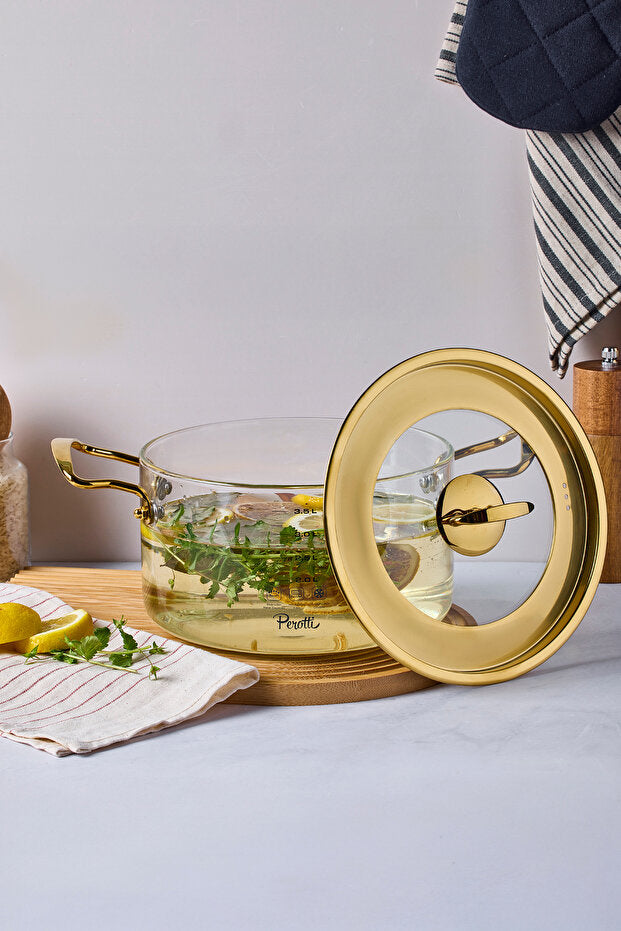 3.5 L Glass Cooking Pot with Gold Handles - Durable & Stylish