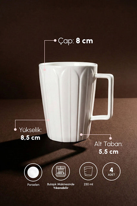 Pure Daisy Pure White Porcelain Mug Set - 230ml, 4 Pieces