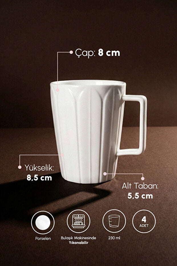 Pure Daisy Pure White Porcelain Mug Set - 230ml, 4 Pieces