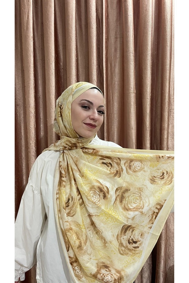 Rose Series Soft Cotton Shawl - Yellow Floral Pattern