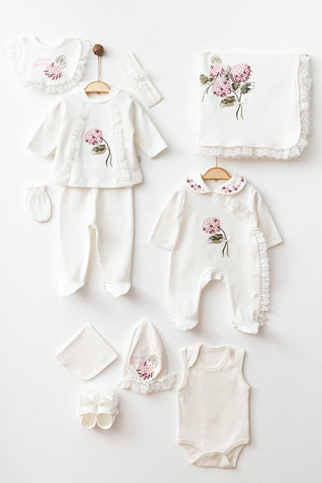 Luxury Newborn Baby 10-Piece Hospital Exit Set - Flower Embroidered 0-3 Months