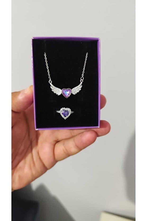 Purple Winged Heart Necklace & Ring Set - Elegant Gift