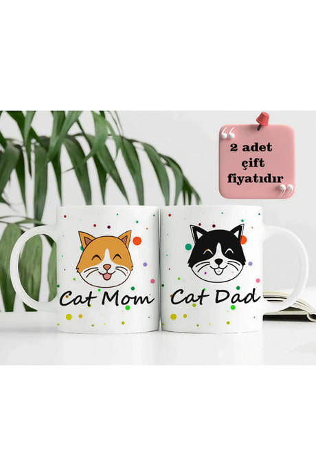 Cute Cat Mom & Dad Ceramic Coffee Mugs - 300ml Set of 2
