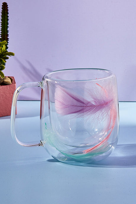 Double-Walled Glass Mug - 250ml Insulated with Feather Design