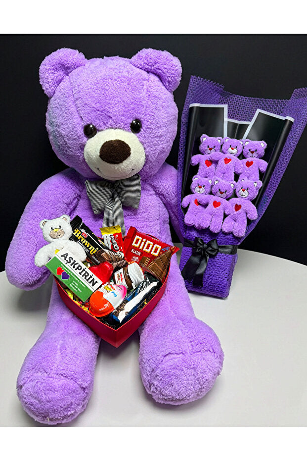 90cm Purple Plush Bear Gift Set with Chocolates & Mini Bear Bouquet