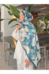 Retro Floral Cotton Shawl - Turquoise & White Flowers