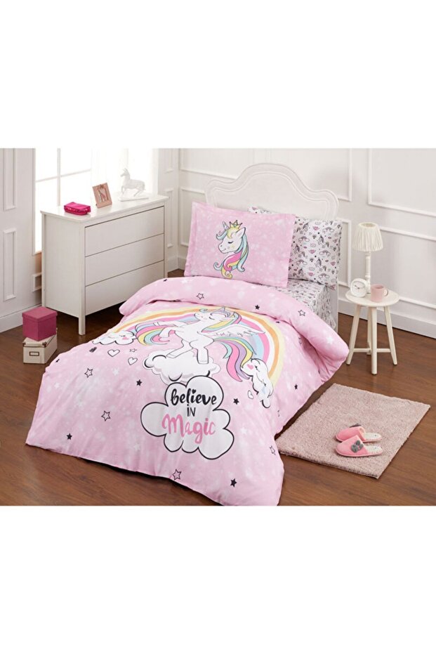 Unicorn Single Duvet Cover Set - Pink Ranforce Cotton