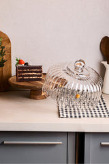 Acacia Wood Cake Stand with Ribbed Glass Dome - 28 cm