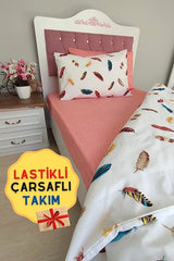 Single Duvet Cover Set - Feather Pattern & Fitted Sheet