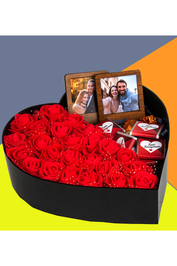 Personalized Heart Gift Box with Roses, Chocolates & 2 Photo Frames