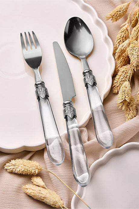 18 Piece Cutlery Set - Elegant Silver & Clear Handles
