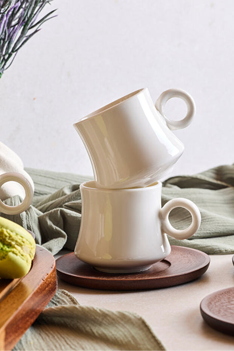 Modern Porcelain Coffee Cup Set with Acacia Saucers - 6-Piece