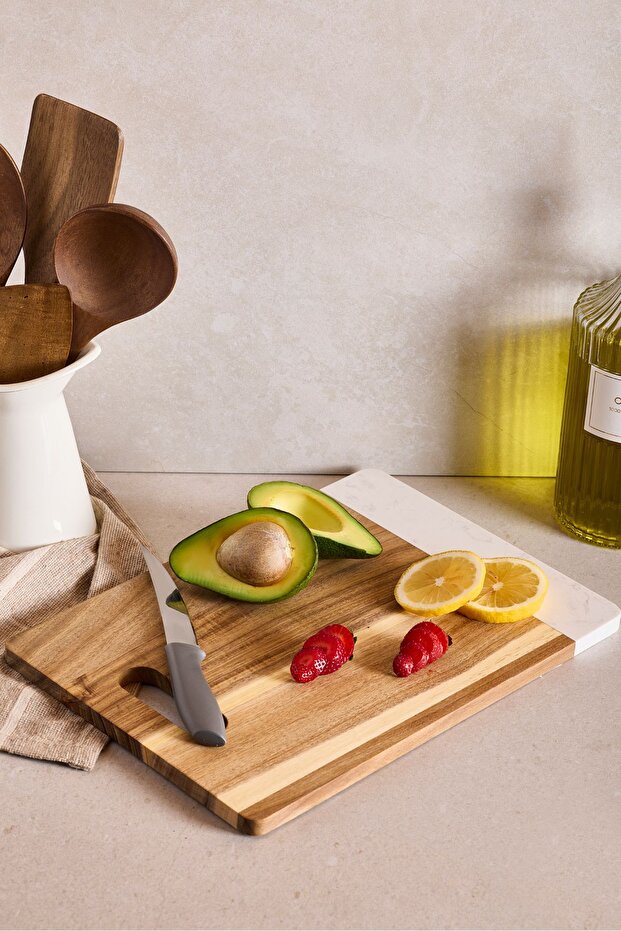 Acacia Wood & Marble Cutting Board with Handle - 35x25 cm