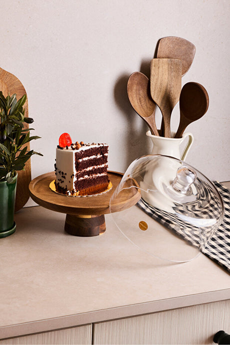 Acacia Wood Cake Stand with Glass Dome - 22 Cm Diameter