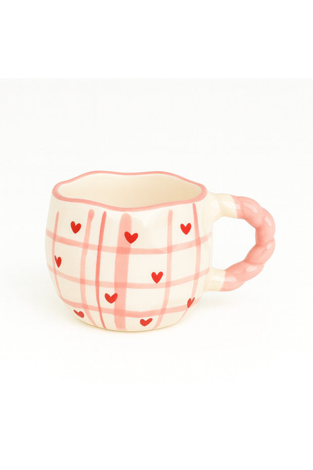 Pink Plaid Heart Pattern Ceramic Mug - Handmade Coffee & Tea Cup
