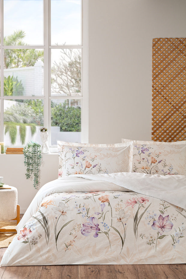 White Lilly Double Duvet Cover Set - 100% Cotton Floral