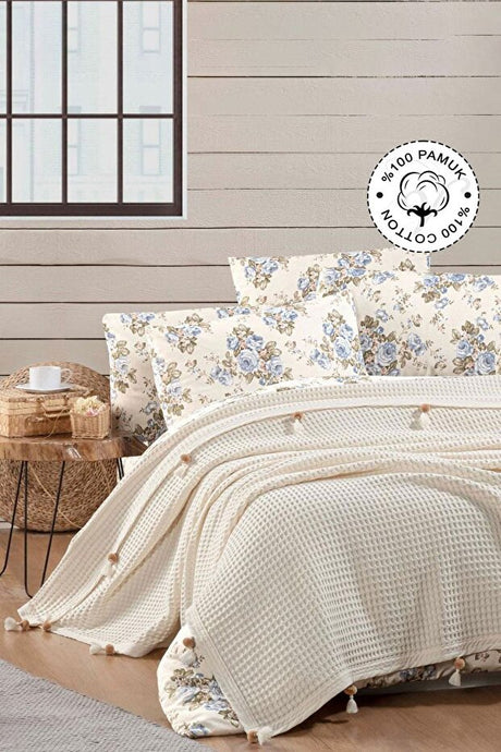 100% Cotton Double Bedspread Pike - Waffle & Pom-pom Cream