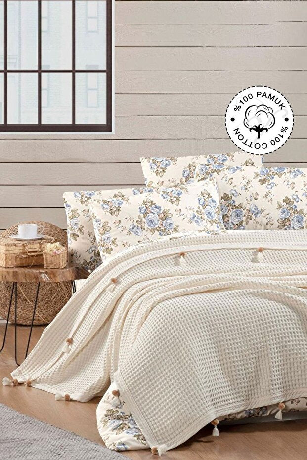 100% Cotton Double Bedspread Pike - Waffle & Pom-pom Cream