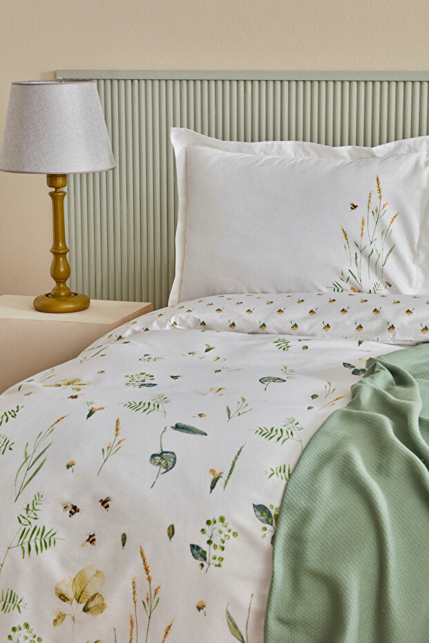 Herbal 100% Cotton Double Duvet Cover & Pique Set - White