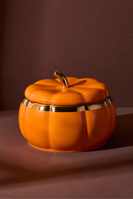 Pumpkin-Shaped Porcelain Storage Jar with Gold Accent - 16.5x8 cm