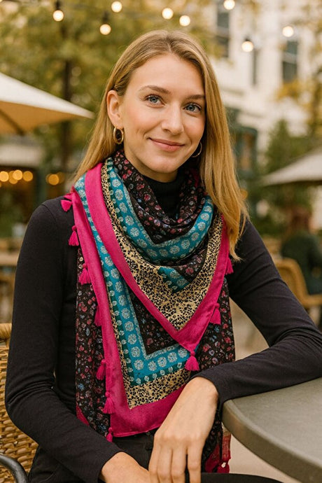 Ethnic Patterned Shawl - Gold Foil & Tassels