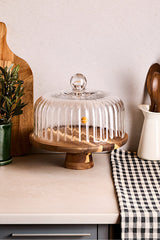 Acacia Wood Cake Stand with Ribbed Glass Dome - 28 cm