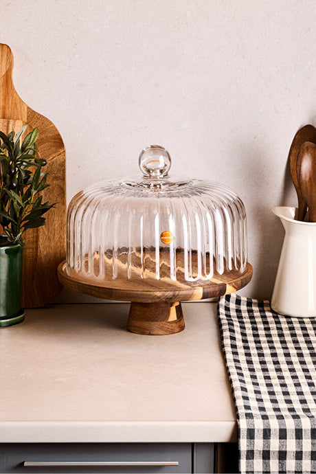 Acacia Wood Cake Stand with Ribbed Glass Dome - 28 cm