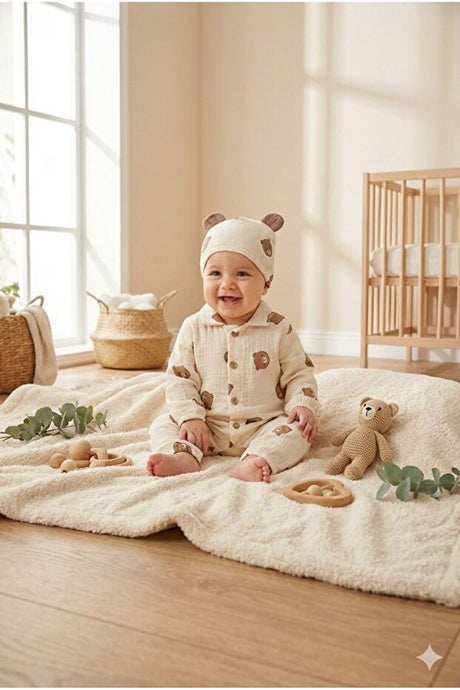 Baby Bear Beige Muslin 100% Cotton Jumpsuit - 0-3 Months