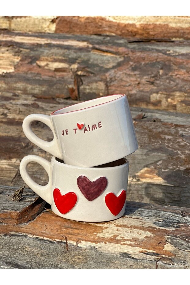 Handmade Ceramic 'Je T'aime' & Heart Mugs - 240ml Couple Set
