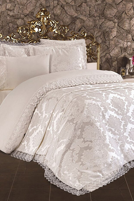 French Lace Lalezar Bridal Bedding Set - 7 Pieces, Cream