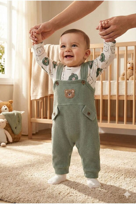 Baby Bear Embroidered 3-Piece Cotton Overall, Bodysuit & Socks Set