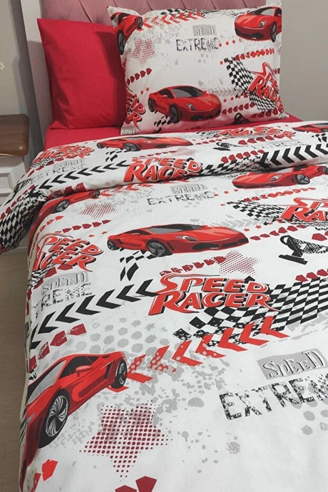 Red Car Design Single Duvet Cover Set with Fitted Sheet