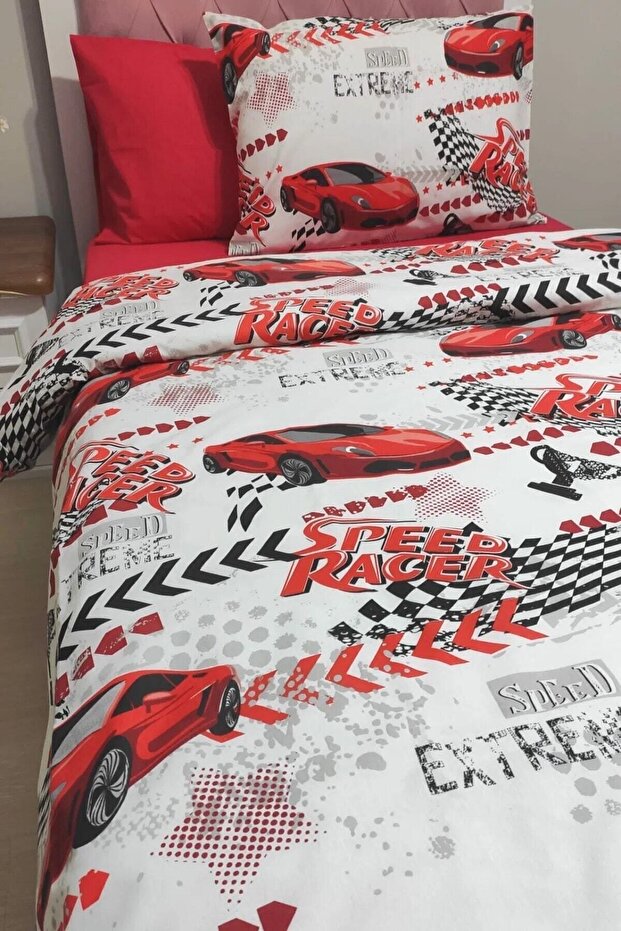 Red Car Design Single Duvet Cover Set with Fitted Sheet