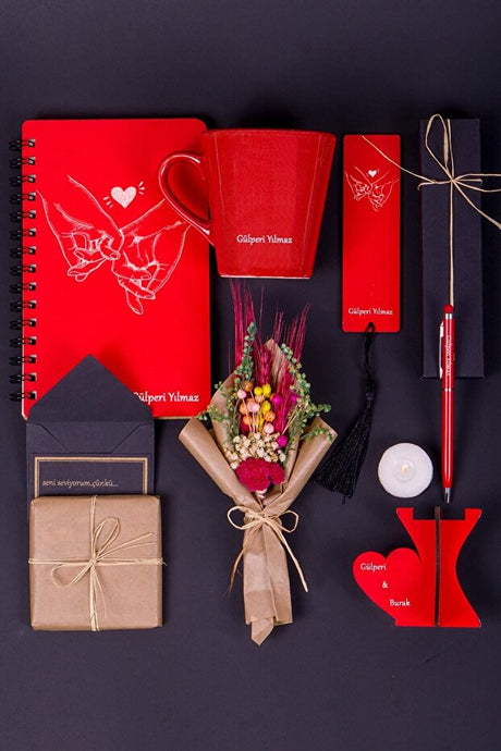 Valentine's Day Romantic Gift Set - Notebook, Mug, Flowers & More