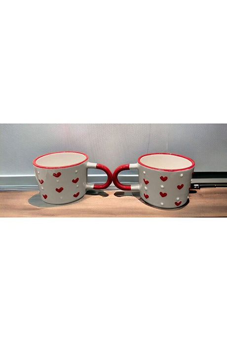 Handmade Embossed Dotted Heart Ceramic Mugs - Set of 2