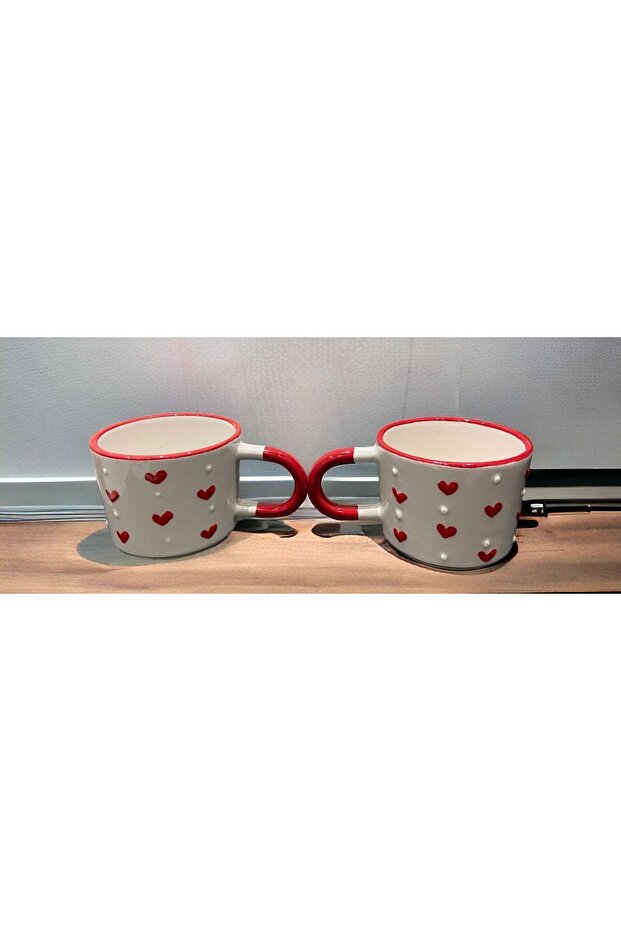Handmade Embossed Dotted Heart Ceramic Mugs - Set of 2