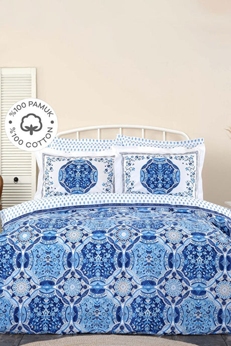 Idella Blue 100% Cotton Double Duvet Cover Set