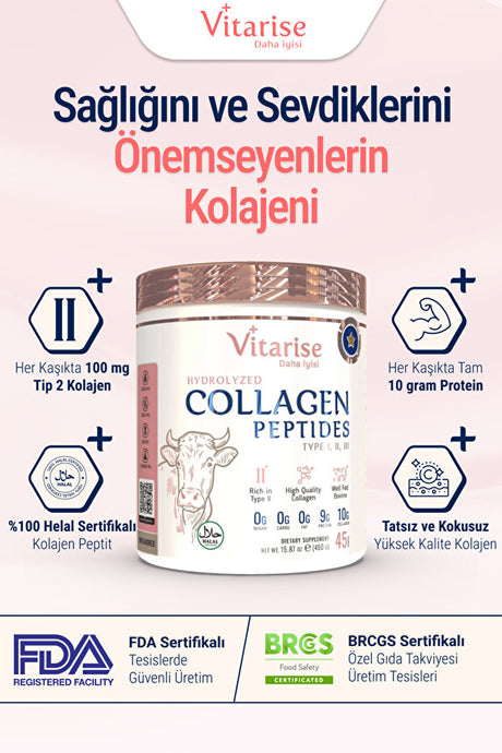 Vitarise Hydrolyzed Collagen Peptides Powder - Type 1, 2, 3 - 450g