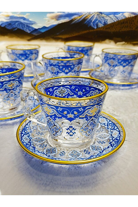 Heat-Resistant Glass Tea Cup & Saucer Set - Ornate Blue & Gold Design