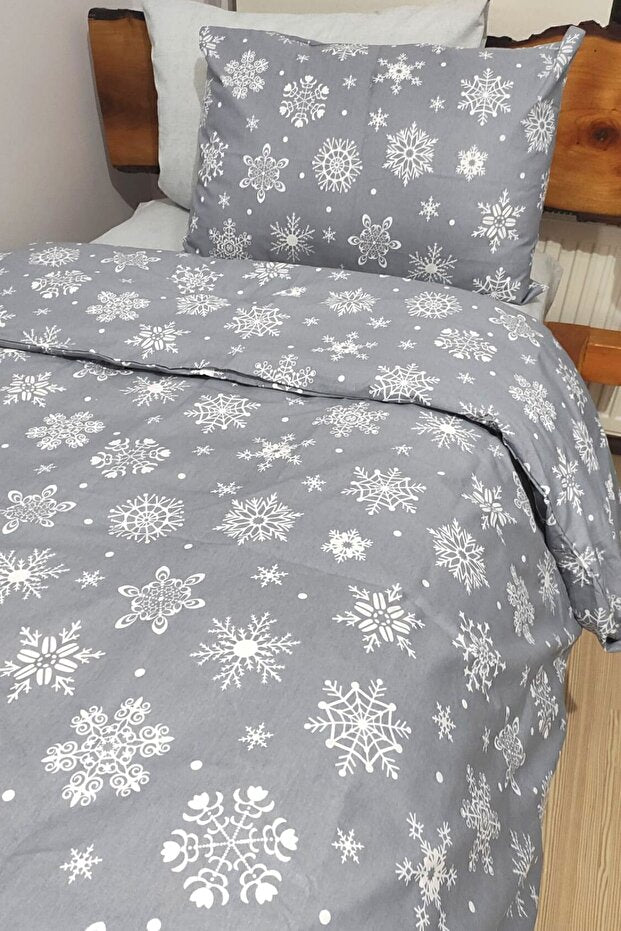 Single Snowflake 4-Piece Duvet Cover Set - Grey
