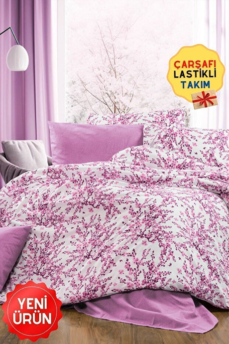 Double Duvet Cover Set - Fitted Sheet, 4-Piece Blossom Print