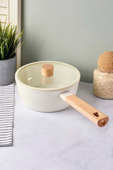 Beige Induction Ceramic Saucepan with Wooden Handle & Glass Lid - 20 cm